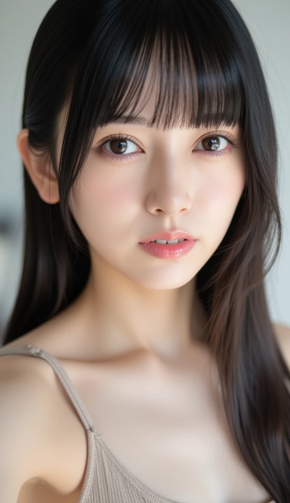 (((Like the picture、Focus on the eyes:1.1、Extremely detailed:1.22、Ultra-high resolution、masterpiece:1.45、Highest quality)))、((((Body whole body expression:1.68))))、long, straight black hair、So that every single hair is clearly visible、The subtle color changes of hair depending on how the light hits it、 Skin has a natural glow、Fine skin texture、Representing the fine details of pores:1.25、Details of the light redness on the forehead and cheeks、(((Eyes with fine iris details、The eyes depict color gradations and patterns.、Long, natural-looking eyelashes, each and every one visible、Well-groomed eyebrows、眉毛のindivual々The hair is clearly visible、Light reflecting off into the eye、The light in the eyes creates small highlights)))、The nose is delicate、Fine detail on the nostrils、Lips are plump and naturally pink、Depicts the fine lines and soft curves of the lips、lips are shiny and、The gloss on your lips accentuates their shape.、(((Detailed depiction of lip texture、Particular attention to the depiction of light and shadow、Soft natural light gently illuminates the face from the front、A faint glow on the forehead、A slight shine on the nose、A slight glow on the cheeks、Shadows are cast softly along the contours of the face、Accentuate the sides of your cheekbones、Accentuate the sides of the jawline、Emphasize the sides of the nose、The gloss on her lips reflects the light faintly、Lips emphasize the plump texture、The shadow of the hair gives depth and dimension、indivual々The hair shines in the light、The background is simple and blurred.、Focus on the face 