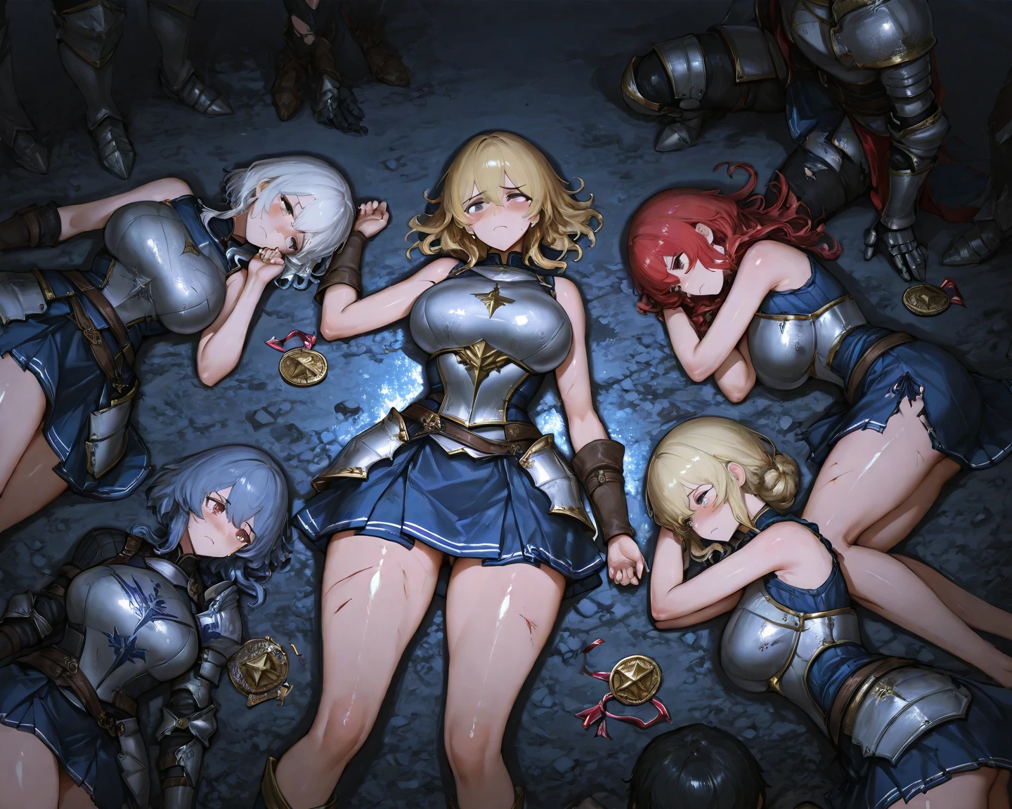 Three female knights(Blonde 11 year old、Red-haired 13-year-old、Blue-haired 36-year-old captain)、Broken Armor、crowd、Angry expression、Glare、Pee on yourself、Being restrained、Nipples、pubic hair、Orgy、Spread your legs