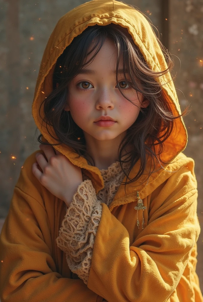 CHILD girl with long BLONDE hair wearing a YELLOW sweater and muffled black ears. AND CANDLES LIT.
