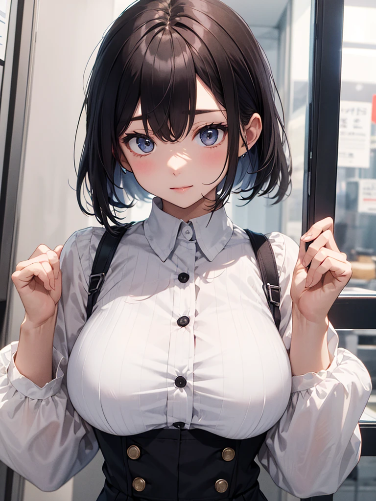 a 20 yo woman、(​masterpiece:1.4)、(in 8K、realisitic、Raw photo、top-quality:1.4)、(Real Face:1.4)、(real looking skin:1.3)、超A high resolution、A hyper-realistic、Black eyes、black hair shorthair、耳环、student clothes、(huge-breasted:1.5)、Blushing、alluring face、a smile、‎Classroom