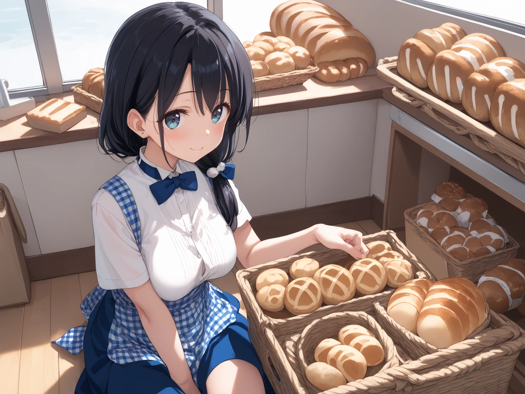 ((((masterpiece)))), high quality, very_high_resolution, large_filesize, full color,Japanese、full,body,black hair, long hair,((巨乳、熟女,mother,ground mother,bra,たくし上げ)),(((kobeya uniform , blue skirt , blue neckwear , gingham apron , Bakery , )))