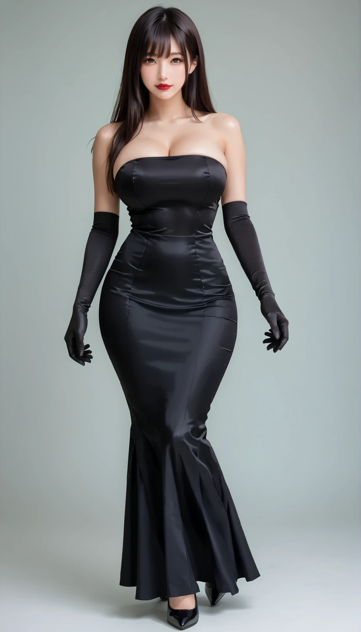 high resolution , 32K, masterpiece , best quality , beautiful face and eyes、with great attention to detail , A beautiful 20 year old Japanese woman , (Big Breasts:1.4),Xiaoyan,The bangs are flowing , black hair,straight long hair, captivating smile,red lipstick,(black tube top bodycon mini dress:1.2),No straps,(black mermaid line long skirt:1.4),(black opera gloves:1.2), thigh high boots,garter stockings for SEX,(Black High Heels:1.2),( focuses on the whole body :1.5),Walking,I'm putting my hands behind my head,Beautiful armpits