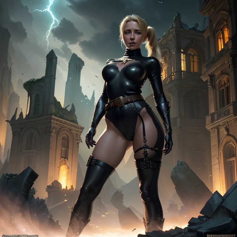 20 years old woman, ((full body)), ((nude)), blond, blue eyes, heavily armored in black color for fighting, beautiful chest, standing on the ruins of the earth ship with her legs spread apart, zoom in from front below