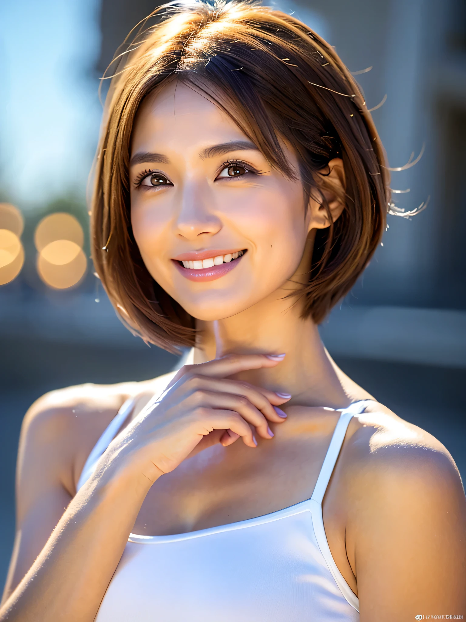 (Highest quality、8k、Award-winning works、Ultra-high resolution度)、One beautiful woman、alone,Muscular,Gorgeous shiny tight dress,audience,Front view,Shiny and oily body,Stand upright,Raise your arms behind your head,short hair,Bright color contacts、Perfect Makeup、Bright and shiny lipstick、Beautiful bright eyeshadow、(Big Breasts:1.4)、(Romantic affection:1.1)、The best smile he had when he saw me、(Many of them emphasize the body line...:1.1)、(Strongly blurred vibrant Harajuku city background:1.1)、(Strongly blurred background:1.1)、Accurate anatomy、Ultra HD Hair、(Ultra-high resolution度の完璧な美しい歯:1.1)、Ultra-high definition beauty face、Ultra HD Hair、Ultra HD Shining Eyes、輝くUltra-high resolution度の美肌、Ultra-high resolution,A dress that shows off cleavage,Exposing her belly button,sexy