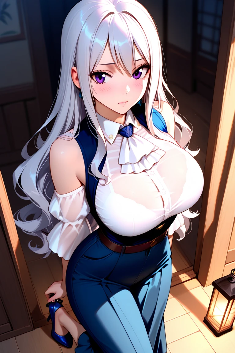 (((Best quality))), ((ultra - detailed)), (In the office), (highly detailed CGillustration), ((Very fine and beautiful)),Mature and beautiful,flustered, full blush, view the viewer,Ultra-detailed CG,Exquisite facial features,Clear facial expressions,Detailed digital anime art,Digital anime art,High quality anime art style, (Masterpiece), Best quality, Perfect face, ((1girll)), Mature woman, Leaning forward, ((Very long gray hair:1.5)), High ponytail, extremely giant breasts, Hanging breasts, cleavage, Narrow waist, ((ribbon:1.2)), Wearing glasses, ((Superskirt:1.5)), choker necklace, Very small shirt, Transparent shirt, ((Pink purple dress:1.3)), ((The skirt was blown away)), ((Mini tight skirt: 1.5)), ((full body:1.5)), High heels, Garters, ((Lace stockings:1.2)), ((Long and slender legs)), Beautiful legs,Erotic,Seductive pose, ((show underwear, Show panties:1.2)),accidental exposure, Expose breasts,((sittinng on the desk:1.2)), (Open legs:1.2), ((Front Shooting)), Slender figure,(nurses uniform:1.5), waist-up