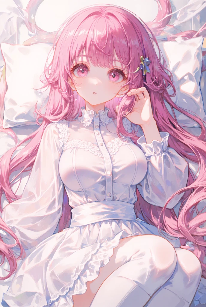 masterpiece, highest quality, Ultra-detailed, Beautiful lighting, With a girl,,(Pink eyes: 1.3), Sitting, No parks allowed, Beautiful views, Mild hot flashes, smile, (cute smile: 1,1), (Bright lips: 1,1), (Beautiful Eyes: 1,1), Long Hair, Pink Hair、Beautiful dress、Large breasts、Adult women、Place your hand on your chest、Night Sky、star々、flower、indoor、bed、White sheets