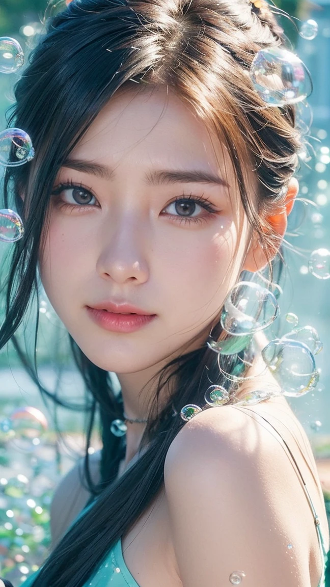 A beautiful Japanese girl is shown underwater surrounded by bubbles.。She floats near the surface、Face and body half submerged in water。High transparency of water、The light refracts in the water and creates beautiful patterns on her skin.。
Her hair is wet and、It spreads softly around the face。Air bubbles float on the hair and water surface.、It creates a very fantastic atmosphere.。Her eyes are big、She has a calm expression as if she is looking into the distance.。The light reflected in your eyes、It brings life to her eyes。
Her skin is smooth and has a healthy glow.、The light reflects off the water, creating a fantastic glow.。Her lips are pale pink、Gives a natural beauty。She is wearing a white lace bustier、The delicate design perfectly matches her soft personality.。
The blue of the water in the background and the bubbles blend in well.、Creates a beautiful color contrast。Bubbles and air bubbles in the water、The way she is surrounded by colours is very beautiful.。The effects of light and shadow created by the reflection and refraction of light、It gives movement and depth to this image.。
as a whole、This image is美少女の幻想的で夢のような美しさを見事に捉えています。Her soft expression and bubbles、Underwater light and shadow become one、It creates a very charming and poetic scene.。This image is、This piece gives the viewer a sense of serenity and beauty.。