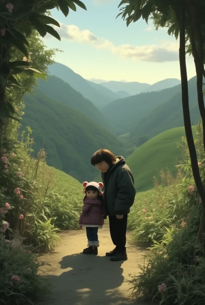 Background there are mountain and river is flowing. Side of the river has a Chinese old days home and a little boy standing out side the home. There are three with pink colour flowers