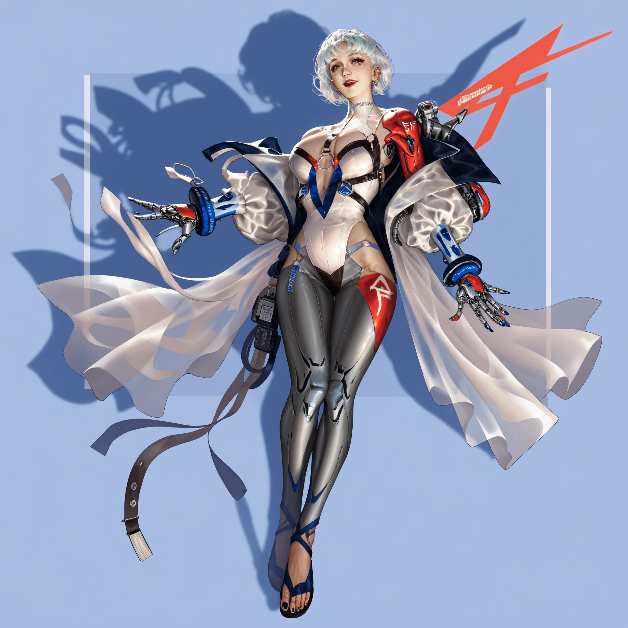 Create a futuristic character design of a female humanoid android with a sleek, glossy white body featuring intricate mechanical details and many red leds on body. Big breast, slim waist, big butts, full body, The android has short, white hair and an enigmatic smile. The outfit includes a mix of solid and flowing fabrics, incorporating soft, translucent elements that flow gracefully around the figure. Background is the cyberpunk street. Aim for a high-tech, cybernetic aesthetic with a blend of elegance and intrigue