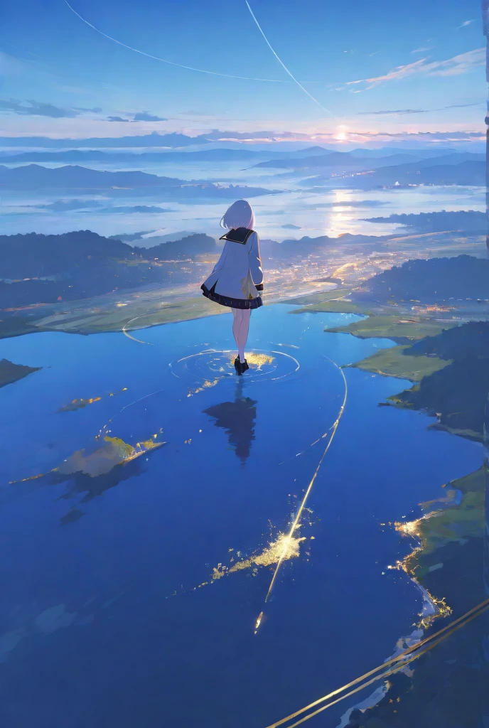anime art style, girl with large futuristic hoodie and school skirt, wearing traditional japanese school bag, walking through clear water and clear blue sky with clouds, panoramic view, minimalist artstyle,