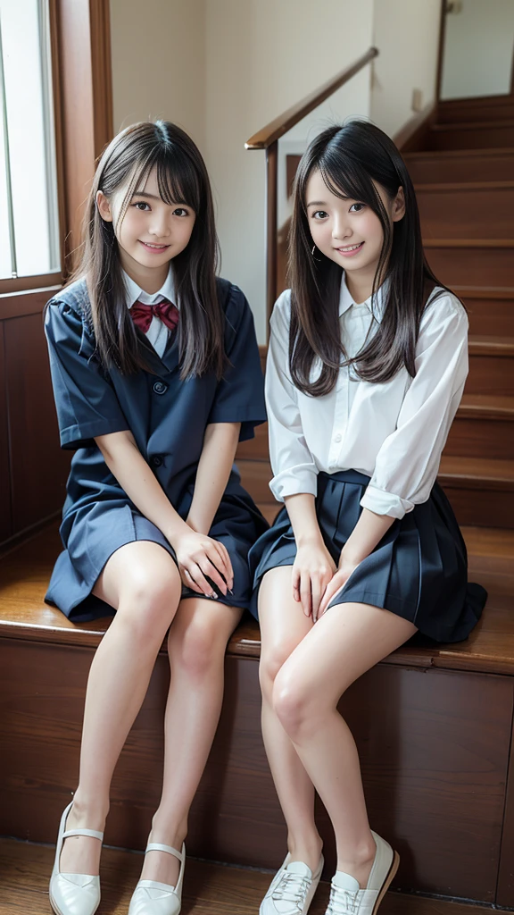 (masterpiece, highest quality:1.2), 8k, 12 year old girl, 85mm, official art, RAW photo, スーパースリムなスレンダーbeautiful girl,shy pose、 (紺の短いスカートをたくし上げると下Half bodyfull nude, I can see your crotch)、short sleeveの白シャツ、show me your ears、naked girl photoshoot、full nude, cute face, close, Half body, gardenia, beautiful girl, school uniform, thighs, short sleeve, stand on the station platform, looking at the viewer, no makeup, (troubled face), film grain, chromatic aberration, sharp focus, face light, clear lighting, Ten generations, detailed face, background bokeh, (dark red tie:1.1)、((((((two girls))))))、((((((2人のfull nude女子高生)))))