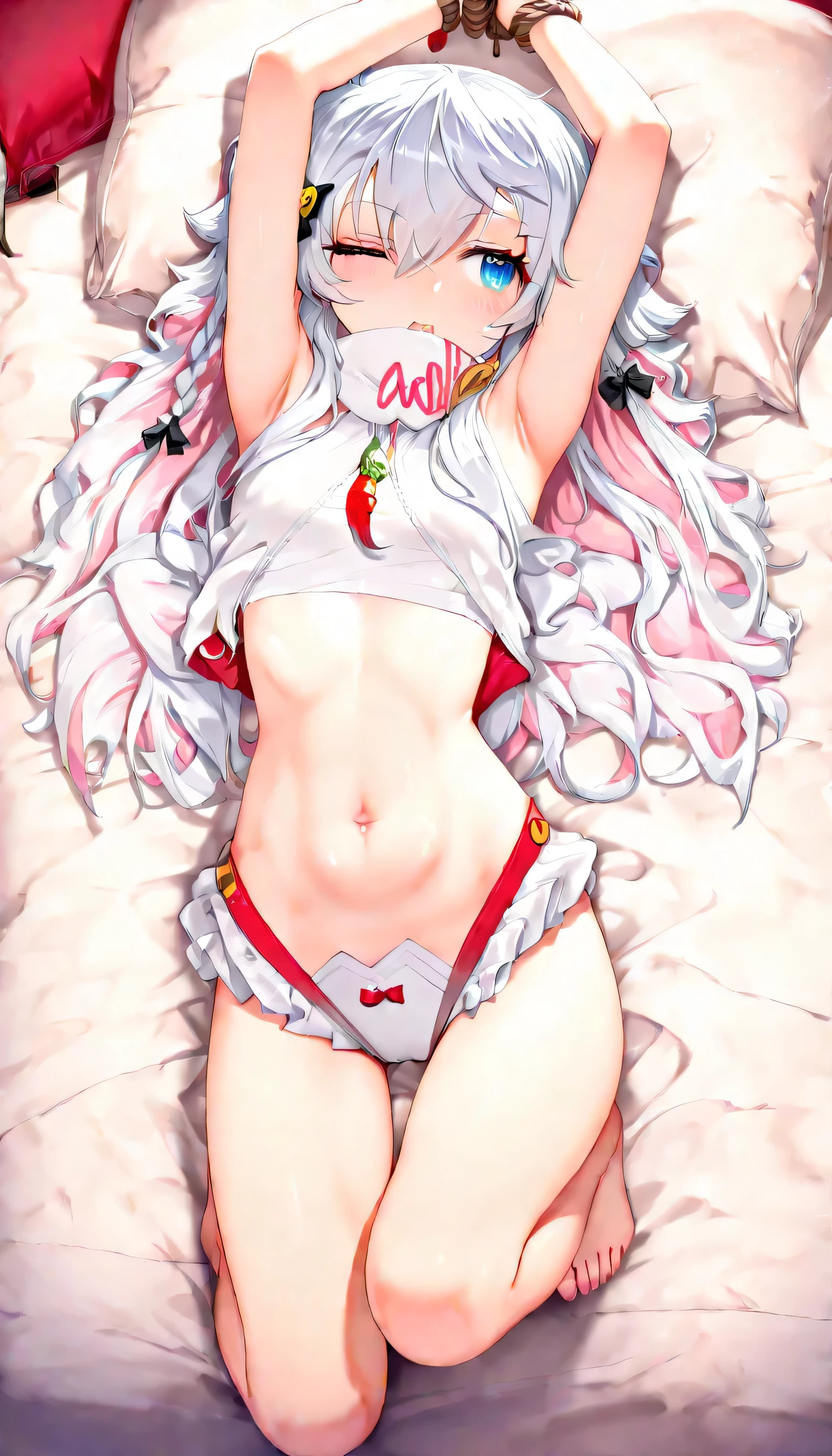  Sexy Cute girl with long snow-white hair is wearing a pink dress and has a vintage tattoo below her belly button, She is in bed surrounded by stuffed animals,of an octopus and is blushing pink eyes 