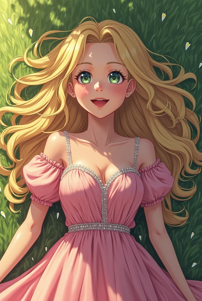 Lolita, off-the-shoulder, pink dress flowers, smile, blonde hair, fluttering hair, natural light, perfect figure, delicate facial features, big green eyes, anime