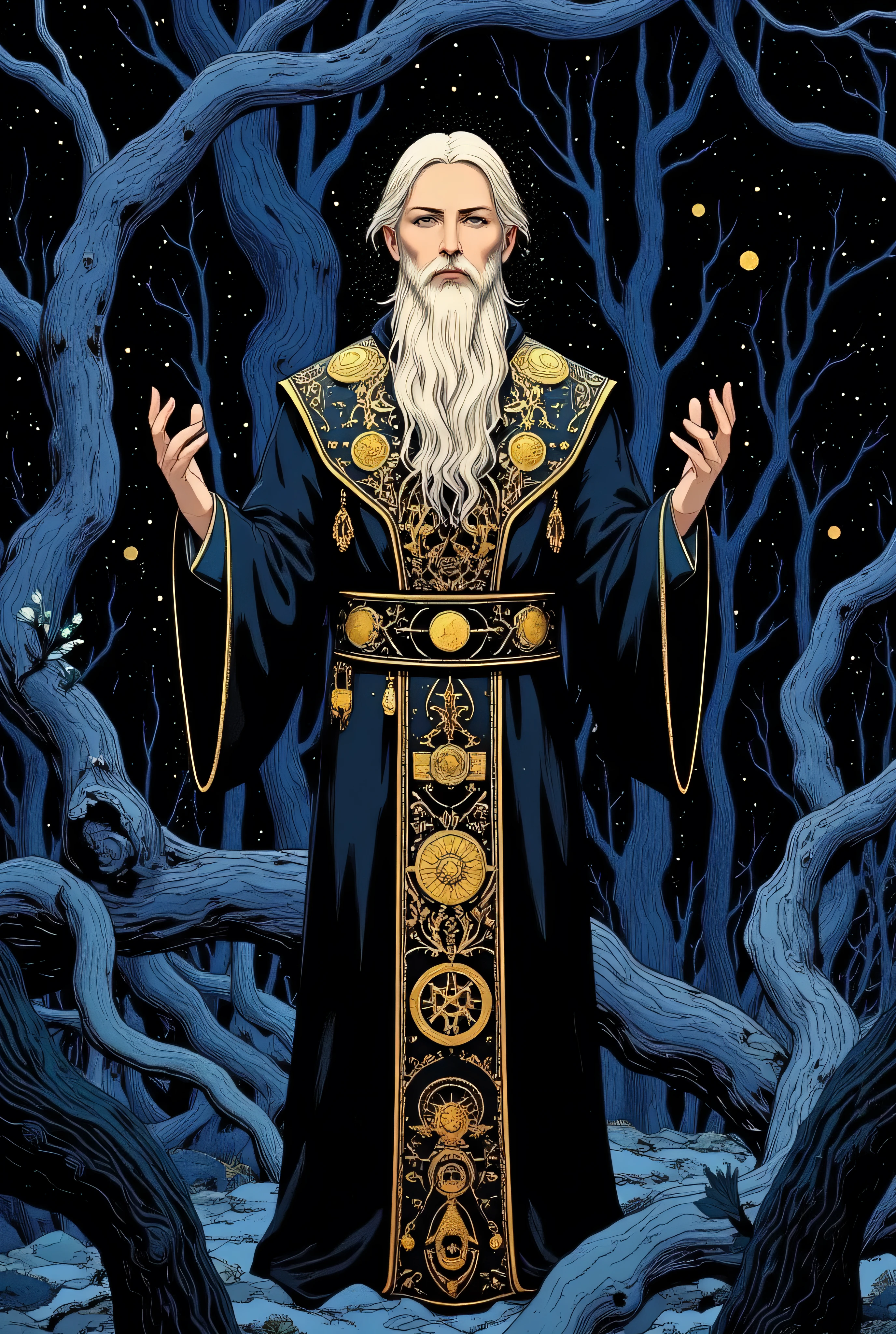 (Tarot card: 1.0), Wizard in priest's robes standing in dark forest、English man, golden eyes、blonde hair、beard, encircling tree々Vines、Multiple symbols floating around、一貫して pattern化された作品、Projected Shadows、 minimalism、Brilliant Color Palette、deep blue and pale gold color scheme、Dark Fantasy Illustration、mute light、 Mysterious and Fantastic 、An atmosphere that makes you feel uneasy、surreal、illustration style、A beautiful digital fantasy、Best Quality、masterpiece、