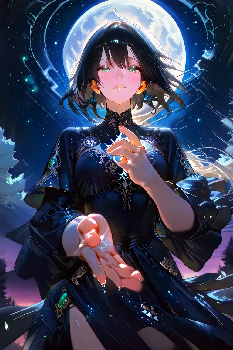 red eyes, pointy ears, long black hair, purple lipstick, makeup, pale skin, anatomically correct, steaming body, fog, insect, bug, butterfly, blue_butterfly, butterfly_hair_ornament,1girl, dress, black_hair, butterfly_wings, moon, long_hair, solo, hair_ornament, butterfly_print, animal, black_dress, choker, full_moon, smile, collarbone, night, bangs, very_long_hair, bare_shoulders, blue_eyes, eyebrows_visible_through_hair, breasts, black_choker, sleeveless, bare_arms, sleeveless_dress, night_sky, holding, dragonfly, outdoors, squiggle, hair_between_eyes, clover, butterfly_net, hand_net, closed_mouth, sky, earrings, looking_at_viewer, animal_print, small_breasts, flower, cleavage, standing, blurry, ahoge, building, fence, instrument, four-leaf_clover, blurry_foreground, facing viewer, smirk, upper teeth, purple lips, red eyes, blush, sweating, wet,