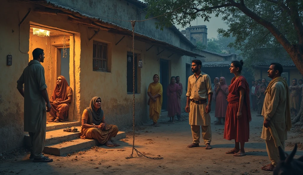 (photorealism:1.2), एक ब्यक्ति जो उदास बैठा हुआ है जैसे कुछ लोग देख रहे हैं और उंगली दिखाकर उसे लड़के को आपस में बात कर रहे हैं गांव का दृश्य है चंद्रमा की हल्की रोशनी है इंडियन एक्स स्ट्रक्चर मर्ज रियल एस्टेट इमेज
