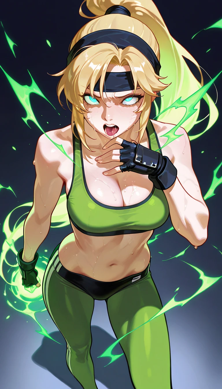 (Best Quality), (masuter piece), (High resolution), (in 8K), (Extreme Detail), (Best Illustration), (beautiful detail), (Sharp eyes),a blond、poneyTail、Her bangs are parted and her forehead is visible.....、jillvalentine、Black tank top、Cargo pants、Military equipment、Realistic fantasy rendering, Realistic anime girl rendering, (Big Breast) popular in CGSTATION, 4K、highlight in eyes、(Background with、garage)