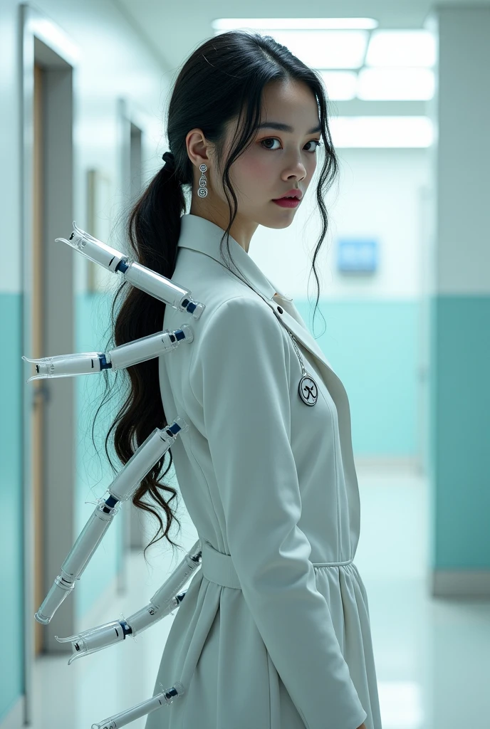 (very short ponytail:1.1),((extremely detremely detailed CG)),(((8k))),(Wallpapertremely refined and beautiful)),(((Masterpiece))),(((best qualtiy))),(((Ultra High Resolution)))，beautiful light up，Perfect lightning，realistic shaded，[A high resolution]，Smooth and flawless fair skin，Extremely delicate facial details，（Perfect body：1.1），ultra - detailed,A beautiful girl，Small head,small face,(Small breasts:1.1)，flat chest，Slim，Thin，Smile，cheerfulness,(Doctor's white coat:1.5),(underneath the coat is light beige tank top:1.4),(white sneakers:1.2),Morning,A female doctor,Wearing glasses,medical mask,In a dilapidated hospital，In the office,(Squatting next to a medical machine:1.5),Close Shot,Cowboy shot,Portrait above the chest