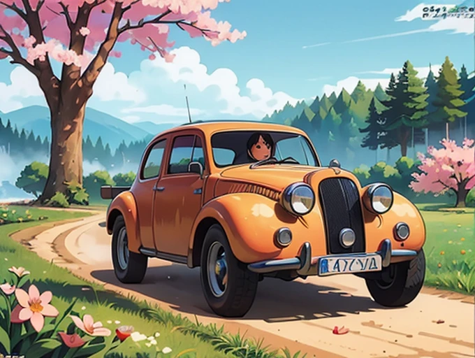 Digital Art, Cute woman is driving a car  、happily face、Humming a song、Drive along the lake streets、llight rays, water dripping、8k high quality detailed art, bio luminescent、butterflys