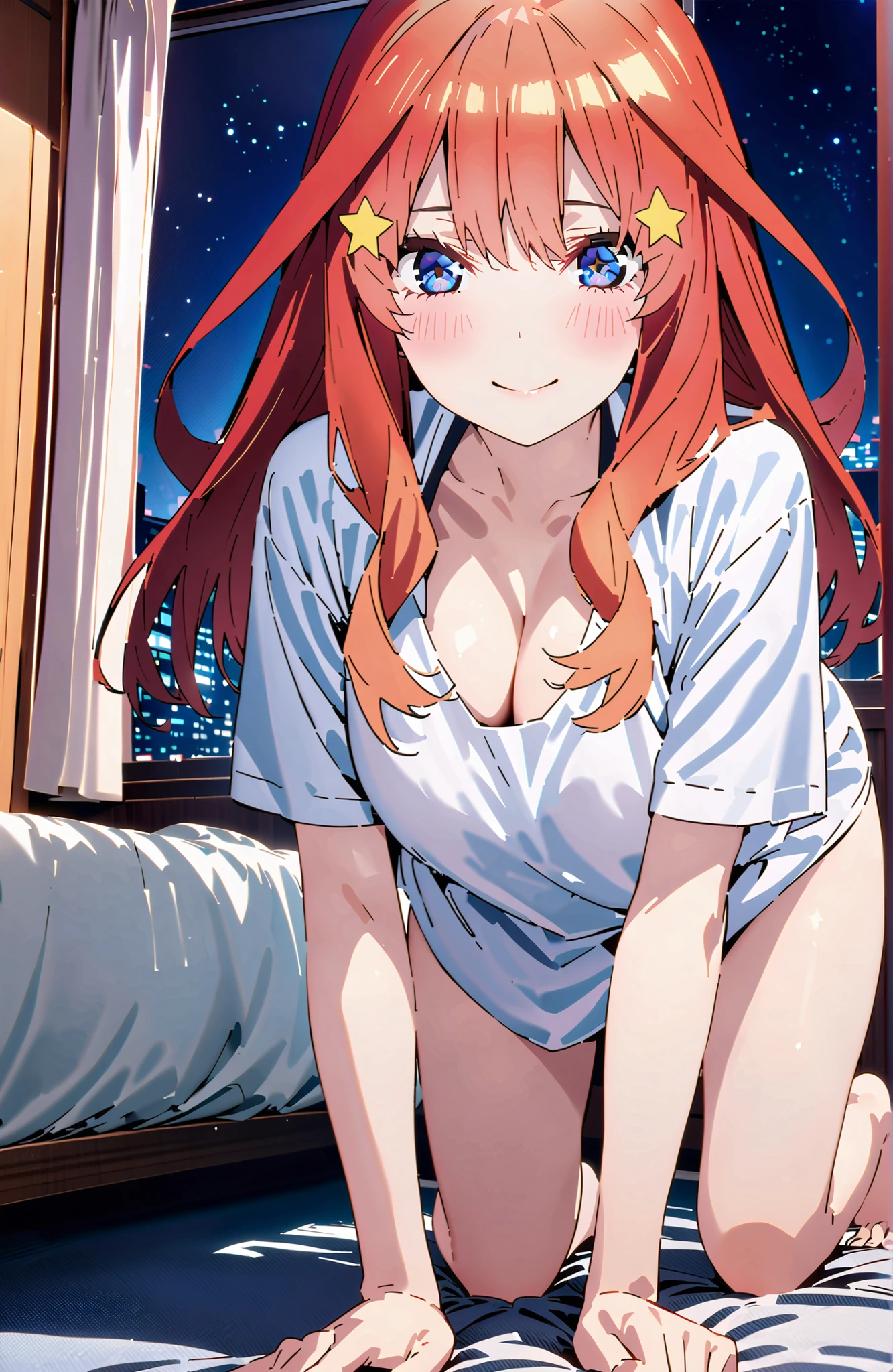 Nakano Mizuki , long hair, blue eyes, hair ornament, red hair,stupid hair, glass, star ( symbol ), semi-rimless eyewear, underrim eyewear, star hair ornament, Big Breasts,cleavage,oversized t-shirt,blouse,Bare legs,on the bed,on all fours,curtains,window,night,綺麗なnight景, Beautiful Streetscapes,moonlight,smile,blush,close your mouth,narrows her eyes,full bodyがイラストに入るように,break looking at viewer,full body,
break indoors,bedroom,
break (masterpiece:1.2), best quality, high resolution, Unity 8Kの壁紙, ( illustration :0.8), (beautiful detailed eyes:1.6), very detailed faces, perfect lighting, very detailed CG, (perfect hand in h, 完璧な解剖学),