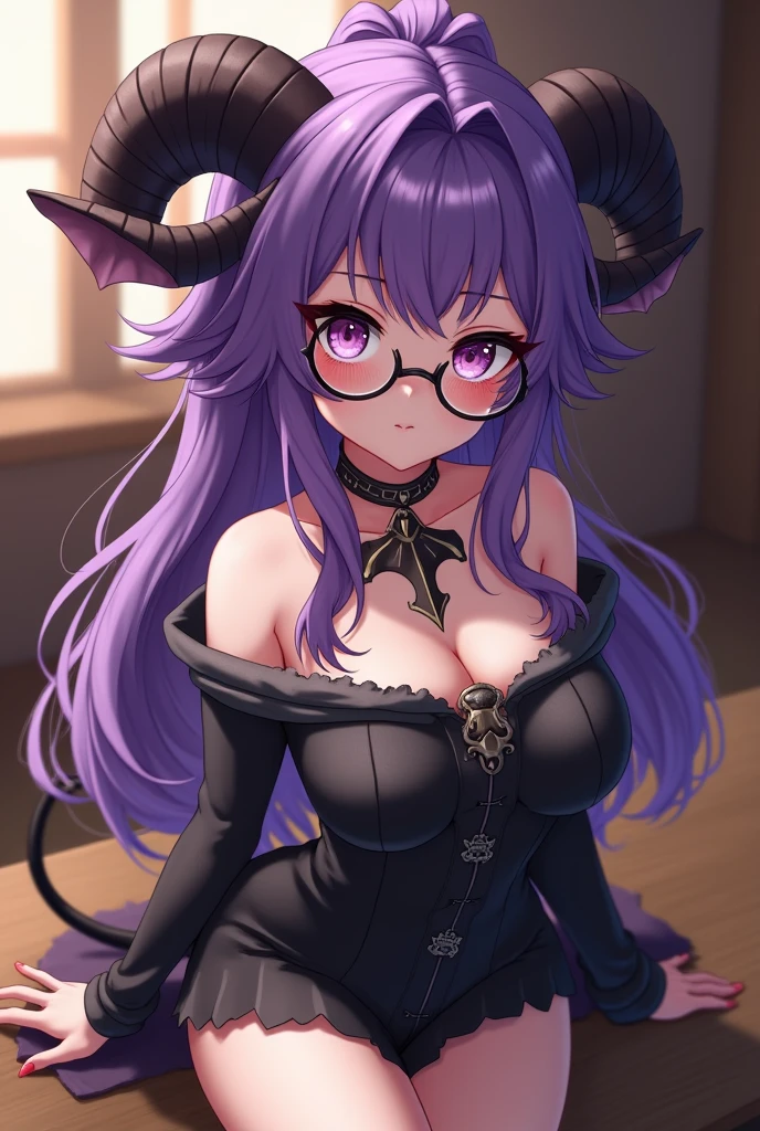 1 girl, small breasts, succubus, horns, black choker, black lingerie, short black hair, pixiecut, pink eyes, glasses, petite, skinny, dynamic, masterpiece, 4k