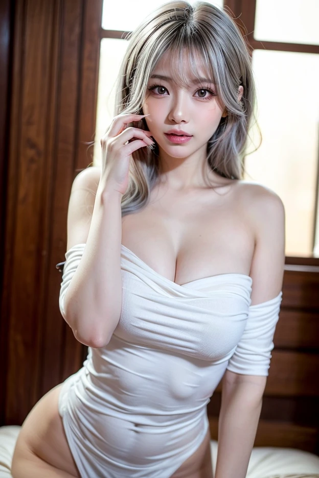 (8K, RAW Photos, of the highest quality, Masterpieces: 1.2)、((piercings、Large Diamond Necklace、 Hide your breasts in gold-pink see-through lingerie、fishnet tights))、((Shot from directly below、Head to thigh angle、Stepping on the cameraman with his foot)),1 persons、Dressing:0.8, super detailed, Super Resolution, (Realistic, Real Photos: 1.37), Portraits, high resolution RAW color photos, Professional Photos, highly detailed and beautiful, Highly detailed, 8K Picture Wallpaper, Amazing details、Cute beautiful woman with perfect body: 1.4、Slim big: 1.2、Full body image, shinny skin、Bare skin is wet、((Gray hair color、half up))、((爆乳:1.3, Too big:1.2、huge-breasted:1.2、Boobs are about to overflow from lingerie:1.3、gigantic cleavage breasts)) 、(High Definition Breast、happy facial expression)、((inside in room、by the window、White Room、Beds made of flowers, Standing on flowers、The flowers are multi-colored and have a beautiful color))、((to stand、5 Hands、It has 5 legs、It can be distinguished from the human hand、It can be distinguished from the human foot)),((Women as the main focus))、(sitting on、sitting cross-legs), High-definition face and skin texture、A detailed eye、二重まぶた、shinny skin、Bare skin is wet、Highly detailed and focused chest、Seduce others with your breasts