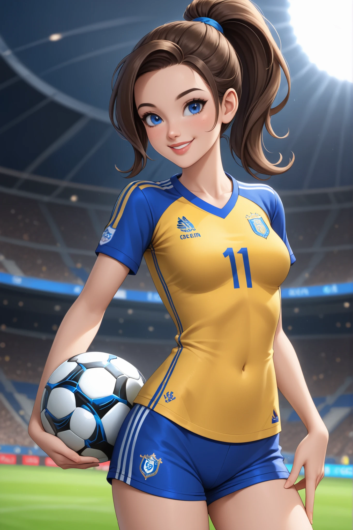 1girl, adult, cute, adult, lips, soccer girl, yellow jersey, blue soccer shorts, dark brown ponytail hair, blue eyes, slim body, smiling