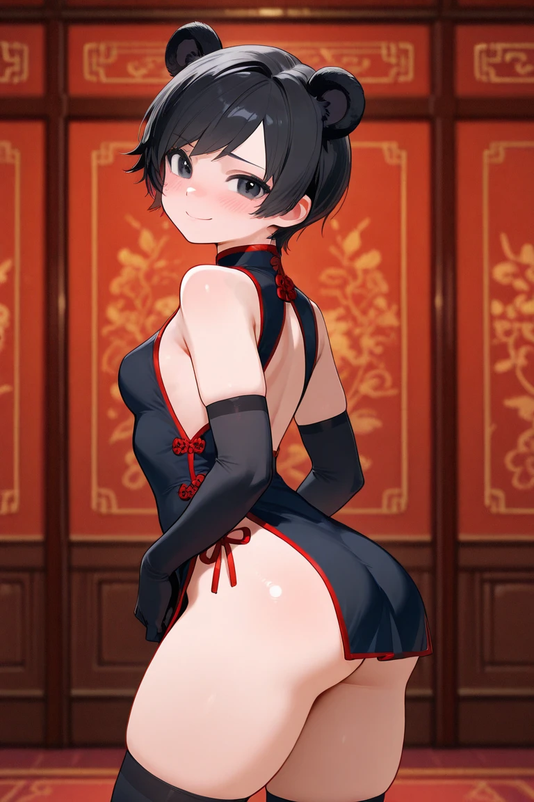 score_9, score_8_up, source_anime, solo, 1girl, tomboy, dress, annie leonhart, attack on titan, lole, young, ((aged down)), rity, black hair, black hair, oriental, Chinese dress, short dress, short hair, indoors, boob window