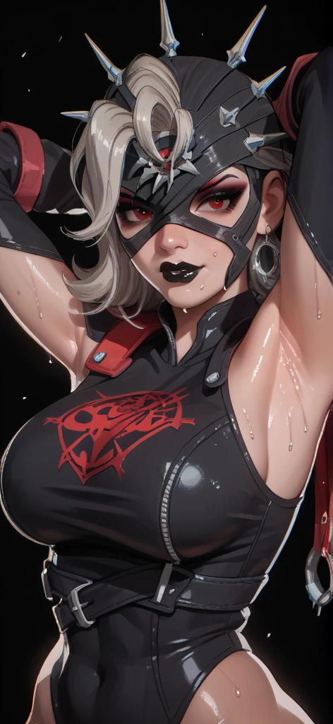 1 girl, ((muscular)), ponytail, toned body, black hair, red eyes, (mask), perky breasts, long hair, close up
