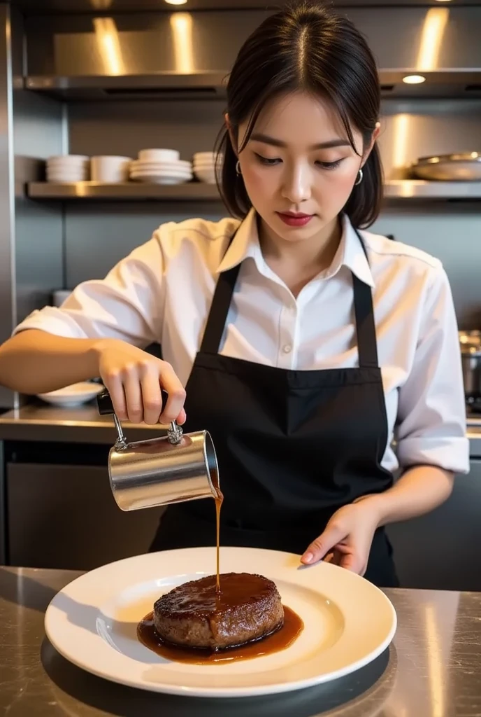 (attractive woman:1.1), restaurant owner, in her clean kitchen, carefully pouring a ladleful of glossy demi-glace sauce over a perfectly cooked hamburger steak on a plate, focused expression, wearing a chef's apron, stainless steel kitchenware visible, warm light illuminating the food, (close-up shot:0.4) emphasizing the sauce, realistic, appetizing