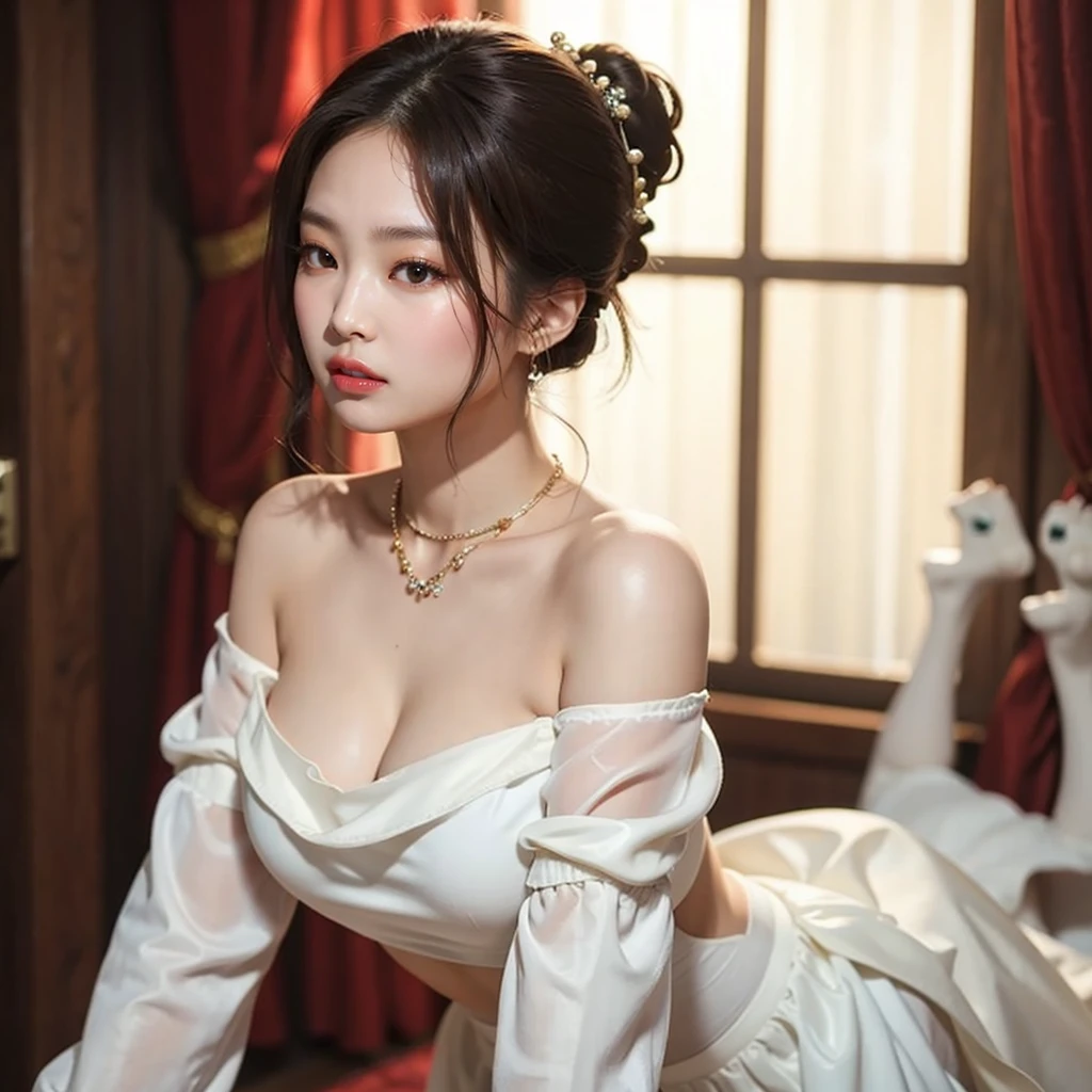 Sleeping Girl,Top image quality,movie camera,Young and beautiful princess in the Chinese royal palace,Wearing gorgeous white panties and Chinese style red nightgown,Live in China's ancient royal palaces,Relax in the bedroom,Full body portrait,Stylish art,,Detailed face,Happy.,a closeup,beutiful breast,