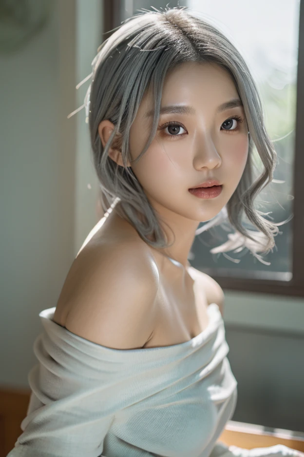 (Surreal), (figure), (High resolution), (8K), (Very detailed), (best figure), (Detailed and beautiful eyes), (highest quality), (Super detailed), (masterpiece), ( wallpaper), (Detailed face), alone, 1 girl, Wavy white hair, Korean, Different Eyes, Long legs, Toned Abs, naked, An angle where you can see the whole body, Pool