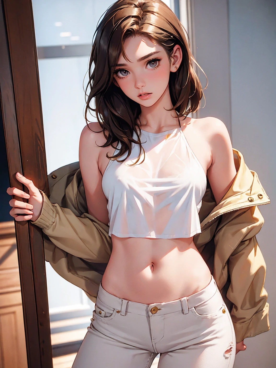 girl,Character design sheet,Beautiful attention to detail,Beautiful lip detail,Very detailed目と顔,Long eyelashes,Realistic,photoRealistic:1.37,Very detailed,Professional,Vibrant colors,Studio Lighting,Sharp focus,Physically Based Rendering,High resolution,超High resolution. blue eyes,Big eyes， Long Hair，Curly hair、Black Hair，Red cheeks，Droopy eyes，Small breasts，Jacket，Undressing，Red cardigan，White T-shirt，White long skirt，