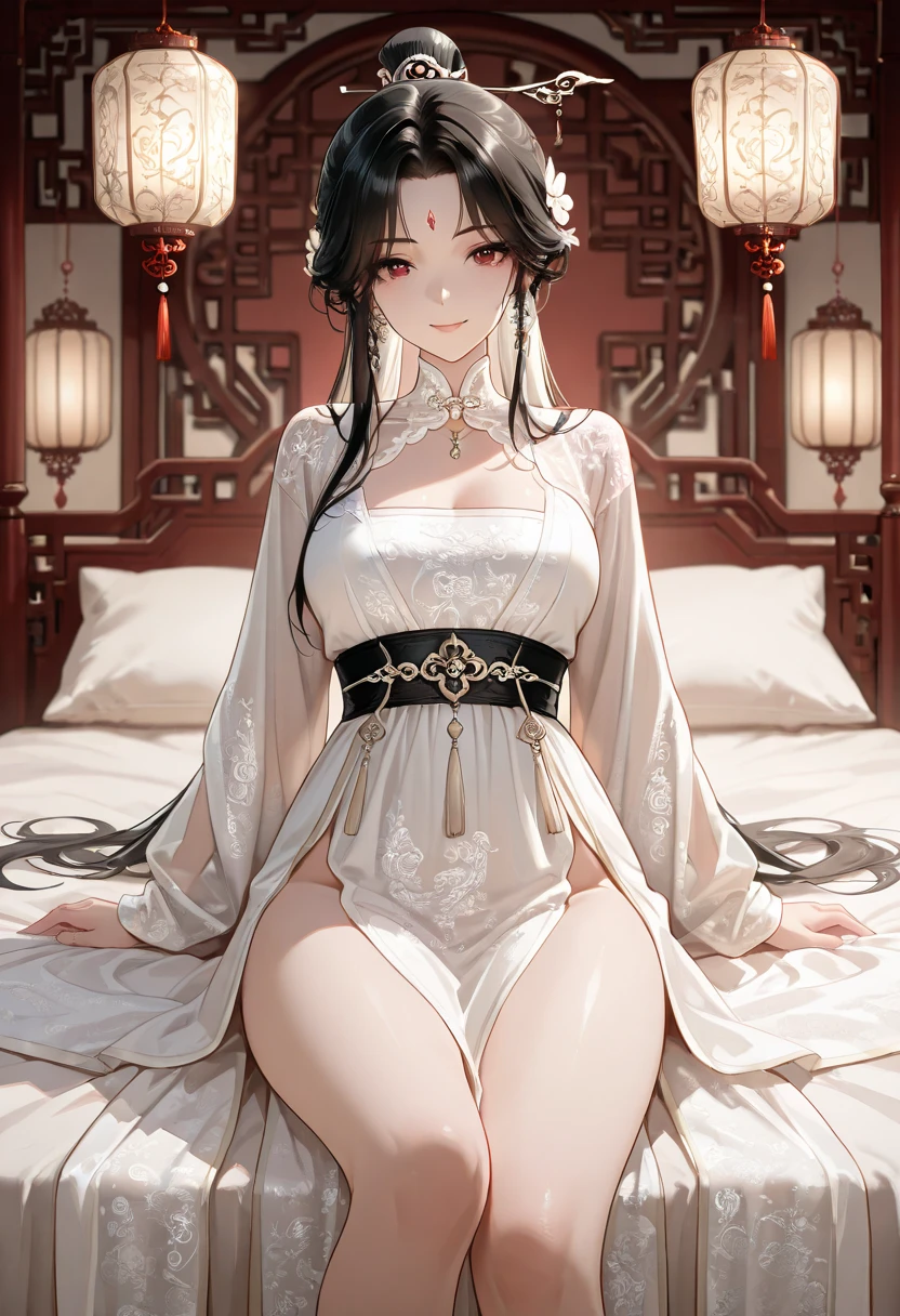 The ultimate masterpiece,(Fidelity:1.2),(Raised sexy),((Asian girl)),((cabelos preto e longos)),Unlimited scenery,(White:1.2+White:1.1),((Bigchest)),((Heterochromic pupils)),((ornate decoration)),((sweat leggs)),(semi transparent:1.1),Looming,(Open thong: 1.0),((red color Hanfu)),((Queen Van,Lie on the sofa)),(lisses: 1.1),(Clear curve details: 1.1),(adolable: 0.9),(Shiny: 1.1),(goddes: 1.2),Domestic style,The warmest yellow,The environment is mysterious and elegant,((The model is beautiful and sexy)),slightly fat big breasts,((full body concept)),