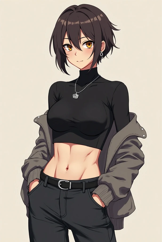 独奏, (A  girl:1.2), , eye liner, lips, Short shorts, Jacket with long sleeves, Adventure Clothing, dnd, Author: Bebebebebe, Belgian Shepherd Groenendael, black fur color, Fluffy, Black lip gloss, Short Hair Hair, small waist, wide hips, Slim, the perfect body, The dominant point of view, predatory smile, Showcasing Your Muscles,