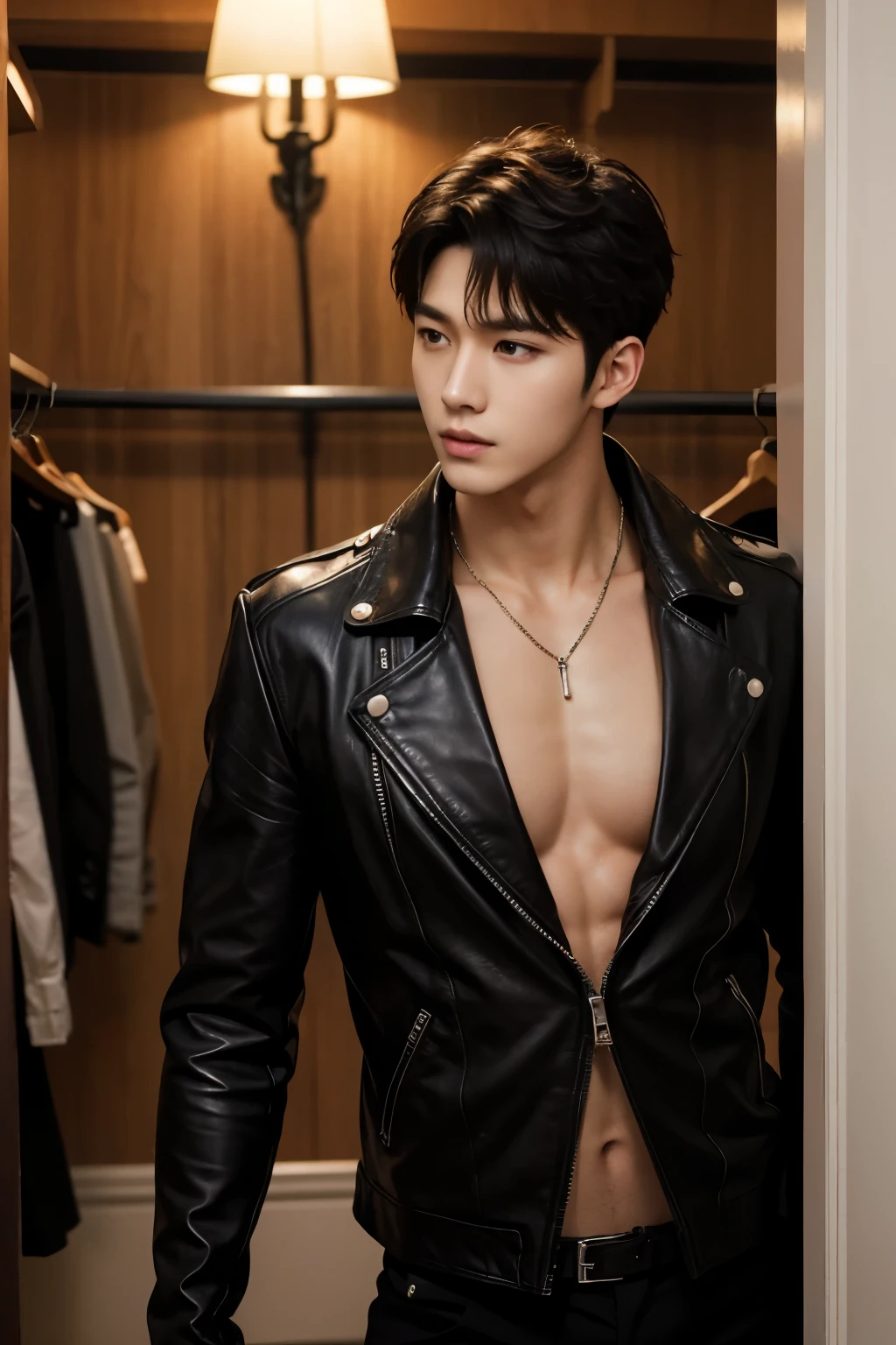 A handsome boy, 20 years old, big eyes, square face, short black hair, muscular, tattoos on his neck, wearing a black suit and shirt, and a middle-aged rich businessman, round face, a little bald, two handshake cooperation, best quality, master work, masterpiece , touching each other , sexy , groping , sexy , nsfw , eroticism , latex thong , full length shot , 16k resolution , ultra-high clarity , hyperrealism, uhd