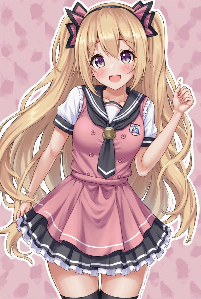 pretty girl、Young face、Blonde、Twin tails、Wavy Hair、Pink eyeischievous face、Spoiled brat、uniform、（Sailor suit）、Immature body、Small breasts、smile、Sweat、sexy panties、（Thick thighs:1.5）