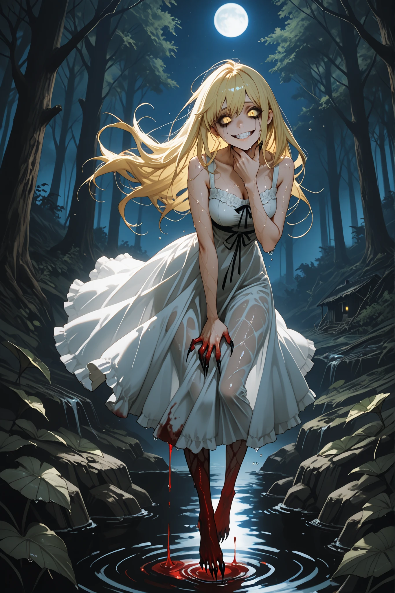 A female ghost levitating above the ground, floating silently in mid-air with toes pointed downward, no shadow beneath her,no gravity,flying like in the space. Her body is suspended unnaturally, like a specter hanging just above a misty, wet forest floor. Moonlight softly pierces through thick leaves behind her. Her hair is straight, soaked, and dripping faintly. She wears a long white dress down to her calves, stained with dried blood. Her glowing yellow eyes are wide but calm, like a patient predator. Her skin is pale like an abandoned house wall, slightly wet and slimy yet still faintly human. Her arms are long, with elegant eagle-like claws. A faint smile reveals sharp, small shark-like teeth. Thick black tears flow down her cheeks to her chin, soaking her chest. She does not speak—she only watches and waits.
Style: anime semi-realistic, gothic, highly detailed, dark fantasy atmosphere, cinematic lighting, emotionally haunting tone.
