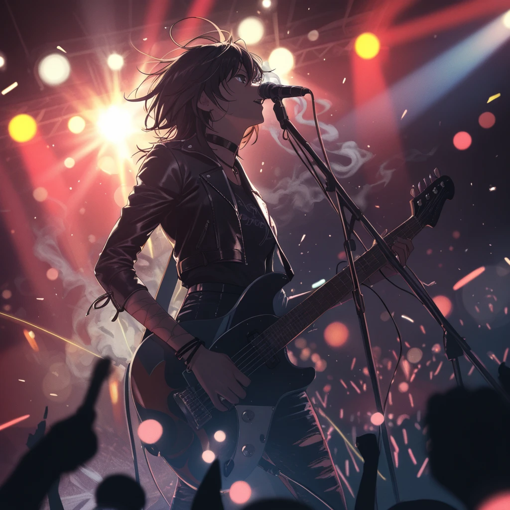 (high quality,8k,realistic:1.37),vibrant colors,gleaming light,Ember McLain playing electric guitar,ghosts flying behind,full body diagram,detailed face,detailed hands,energetic pose,rock concert atmosphere,smoke effects,wild hair,sparkling eyes,colorful stage lights,electricity sparks,flying hair strands,emotional expression,lively background,vivid colors,aggressive music notes,passionate performance,vibrant energy,extraordinary guitar skills,dynamic movement,ghostly apparitions,electric energy,glowing aura,mesmerizing stage presence,shimmering outfit,expressive body language,electric blue spotlight,translucent ethereal figures,electrifying atmosphere,dramatic shadows,None
