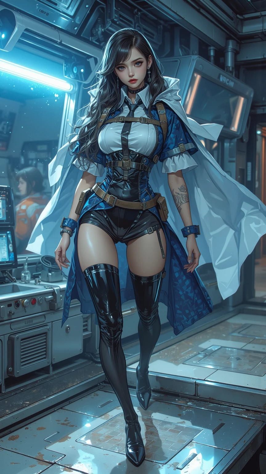 Jedi, Lightsaber, Tight tunics, legs, alien, curve, serious, Blue lightsaber, (Best quality)+, Masterpiece+Length of blue hair to the middle of the back, with a necklace and a blue dress and white, a halo of water over the head, Scales visible on the body and face, NSFW,pele ultra-realista,T-POSE, A-POSE,MODEL SHEET, 3d style, sexy