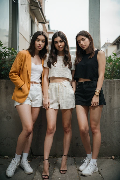 3 girls in the style of the nineties in Russia, their legs are completely covered
