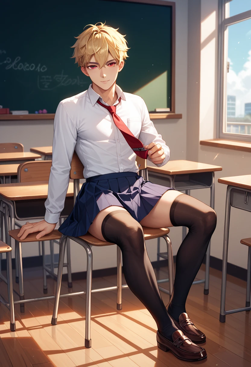 1 male, ((femboy)), Guviz-style artwork, made with anime painter studio, anime realismスタイル, Realistic anime art style, painted in anime painter studio, Inspired by Kim Taehyung, In an anime style, anime handsome guy, Inspired by Kim Taehyung, anime realism, Pink hair, A smile, a choker, Multiple piercings, Man with short hair, Male one, Inspired by Kim Taehyung, bustup, hoody, Classroom at dusk, Student sitting at desk, standing, full body, ((round buttocks)), presenting ass, big ass, big bulge crotch, pink stockings, blue high heels,