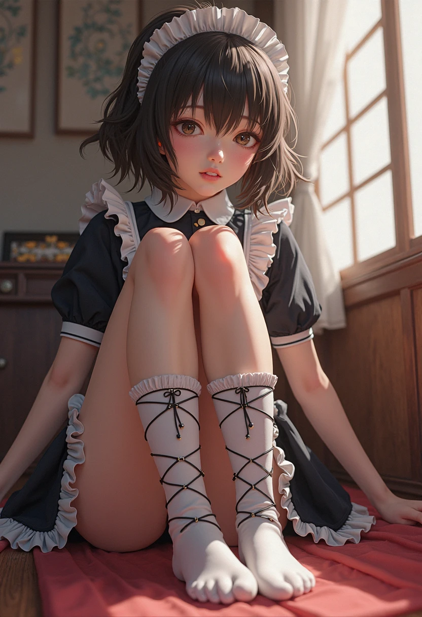 muste piece、masterpiece、highest quality、Super detailed、High resolution、8K portrait、High definition CG of Unity 8k wallpaper、cute type little:1.5、Lori:1.5、Highly detailed CG unity 8k wallpaper、Realistic、real person、 portrait photography、shiny skin、High definition、(16 years old:1.2)、(1 girl)、beautiful clear eyes、extremely detailed description、delicate face、nice lips、slender body、(thin waist)、thin legs、(garden:1.6)、1 girl, cute type, perfect face, seriously, (blush:1.5),(Black hair in a bun:1.3),(big breasts:1.),((mini skirt maid clothes:1.3)),(half nude:1.4),(black dress),(I have nipples:1.2),(looking at view),(from front),gran,(wearing shoes),((climax in vagina:1.5)),(knees up),(hand behind chin:1.2)