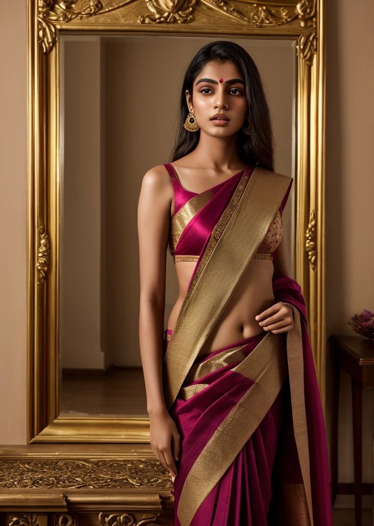 She is an enchanting figure of Indian grace, standing beside her husband in the temple. Draped in a vibrant saree that enhances her radiant beauty, her presence exudes elegance and devotion. Her eyes sparkle with reverence, and her serene smile reflects the depth of her spirituality. The traditional jewelry she wears complements her natural allure, making her an embodiment of timeless beauty and cultural richness. Beauty full