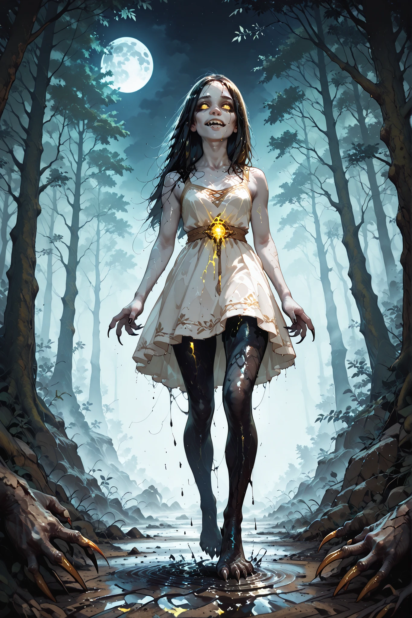 Female figure flies (gril floating),(flying) approx. 30 cm (30cm above the ground) forms an eternity, feet don't touch the ground (feet not touching the ground), (wet ground) amid the dense forest mist (dense forest fog), moonlight (moon soft light) pierced the leaves of the tree with thin and soft behind the woman. Her hair is straight, lepek, and drips faint water (straight soaked hair, dripping slightly), as if they had just emerged from an ancient rain or another world (emerged from ancient rain or another realm).
wears a long white dress up to the calf and is rather dirty exposed to blood,
His eyes round flaming yellow (glowing yellow eyes), wide but calm (wide but calm)—like a patient hungry beast (like a patient predator).
His skin was as pale as the walls of an old house (pale skin like old abandoned wall), with a wet shine and thin mucus (wet and slightly slimy texture), still retain a human impression (slightly human texture).
His hands were long with pointed fingers (long hands with sharp fingers), nails similar to eagle's claw (eagle-like claws), sharp natural and elegant.
From a faint smile, appears sharp little teeth (sharp small teeth) lined like shark teeth (shark-like rows of teeth), not for a quick bite, but shreds slowly (for slow tearing rather than fast biting).
From his eyes flowing dark black liquid (black tears flow from her eyes), down the cheek, fell on his chin and wet his chest (dripping to her chin and chest).
He does not speak, just stares and waiting (she does not speak—she watches and waits).
Style: Anime Semi-Realistic, highly detailed, dark fantasy atmosphere, cinematic lighting, emotionally haunting tone.