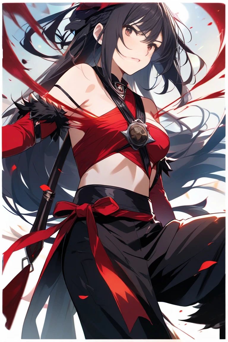 (Best Quality,4K,High resolution), 18yo woman, Red mesh hair on black hair, Long hair, Straight hair, , Comical appearance,(Best Quality,4K,High resolution), 18yo woman, Red highlights on black hair, Long hair, Straight hair, Transforming Woman,An abnormal,Cold eyes ,sharp eye,distressed look,Red glowing eyes,Facial expression enhancement,,Changing the Appearance of a Transform,beast,Beastification,Evil Fight,buttle,Delicate illustrations drawn in detail,Torn clothes with decoration,Disheveled clothes,Realistic portrayal,Vibrant colors,expresive,Classic background(Best Quality,4K,High resolution), Comical appearance,(Best Quality,4K,High resolution), 18yo woman, Red highlights on black hair, Long hair, Straight hair, Cool Woman,Cold eyes ,sharp eye,If we could get back together again, don't hesitate to talk about you, hug me, keep it.,comic strip,animesque,Comical illustration,busy,Deformed cute illustration,Full body projection