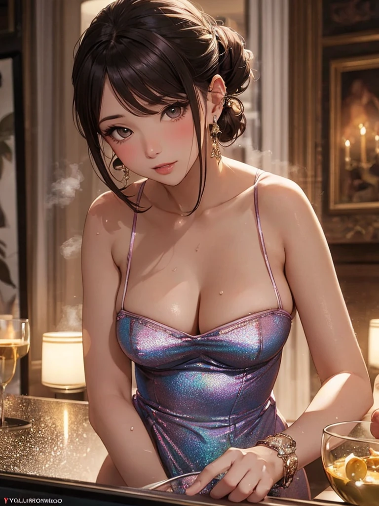 1girl, alcohol, backless dress, backless outfit, bangs, bare shoulders, deep blue hair, blue nails, blush, champagne flute, cleavage, collarbone, cup, dress, drinking glass, evening gown, glittery dress, hair between eyes, visible nipples, halter dress, halterneck, holding, holding cup, jewelry, huge breasts, looking at viewer, nail polish, necklace, parted lips, green eyes, plunging neckline, revealing clothes, side ponytail, sidelocks, translucent silver dress, solo, fashi-girl, upper body, (masterpiece:1.4),(best quality:1.4),[[realistic]],(shiny skin)
