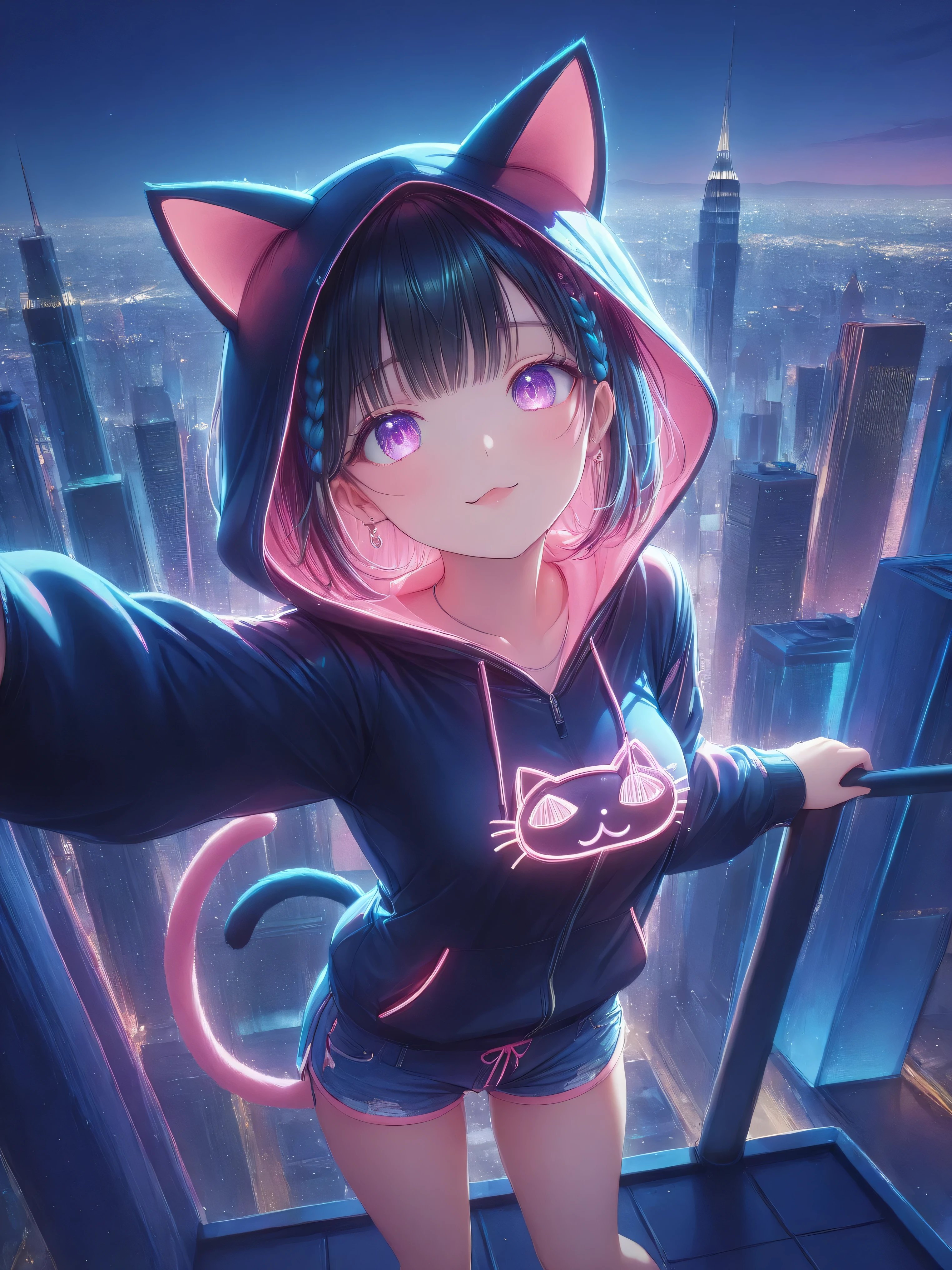 ④N 朝 私服 ( 1 girl , alone:1.7), (chuckle:1.5), (Beautiful Eyebrows), eyebrows apart, (Sparkling Eyes, shiny hair often:1.3), purplepink eye, without makeup, Anatomically correct, ((medium breasts:1.7)),((20 years old:1.5)), (((unbroken clothes, unbroken clothes))),(looking away:1.5), Avoid overly long necks, 
break
 (beautifully detailed eyes:1.7), (natural wavy bob hairstyle:1.5), (((Black hair with pink inner lining in Only one decorated braid:1.7))), (Hoodie with cat ear hood + shorts.Cat Posing:1.5), (cute and stylish, detailed design, bright colors:1.5), earrings, Awkward, Blush, smooth and supple body, (gravure:1.6), 
break
 a fantastical world unfolds, bright and glittering, Spectacular views, ((She's on the roof of a building looking at a million dollar night view. Selfie:1.5)), grand and mesmerizing, illuminating the darkness, vivid and vibrant colors, light displays, dazzling patterns, mesmerizing and fantastic, inverted image, high quality, (16K resolution), ((super detailed)) ((Artwork by)), ultra realistic, lights, dynamic lines, oc rendering break (photorealistic:1.1), (masterpiece, High Quality, High Quality:1.4), (Super Detail, absolute resolution), ((16k, high resolution:1.5)), (Reflect), ((intense forward light, intimate and immersive perspective :1.5), (High Quality, like in a movie, super realistic:1.5), 
break
 (best impact:1.4), ( maximalism :1.6), ( vivid contrast ), (super premium light:1.2), (diffuse Reflection:1.3), ( high speed shutter , motion blur), (high resolutionR, unity 16k wallpaper, highly detailed CG, ultra high resolution, Uhigh resolution, 1080P, high resolution, 4K, 8k:1.5),
