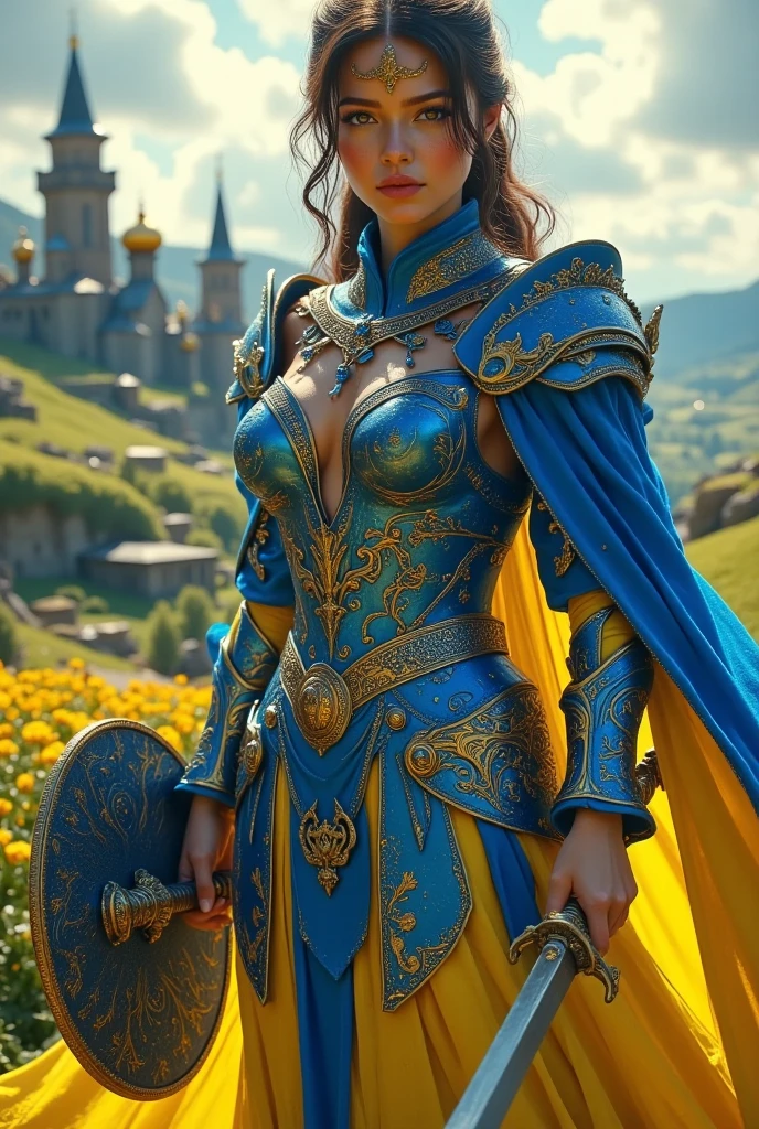 Photo prise avec un Canon EOS R5, objectif 85mm f/1.2, ISO 100, vitesse 1/640s. Une reine sexy en armure sexy et  majestueuse d'Argentine, vue de la tête aux pieds dans une photo ultra réaliste. Son armure arbore fièrement les couleurs et le drapeau d'Argentine et est ornée de motifs inspirés de la tradition gaucho. Dans une main, elle tient une boleadora. A ses côtés se tient un condor, il vole. Son regard déterminé et son sourire énigmatique témoignent de sa puissance et de sa séduction. Elle se tient devant l'Obélisque de Buenos Aires, porte des bottes rappelant le style gaucho, elle marche vers le spectateur.