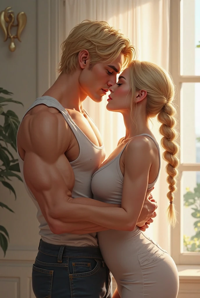Disney style animated image of a couple in the gym. He is tall, with very white skin, black curly hair, brown eyes and big muscles. She has light brown hair at the roots and blonde at the ends. She has long hair combed in a thin ponytail. They both wear black sportswear. They are hugging and kissing.